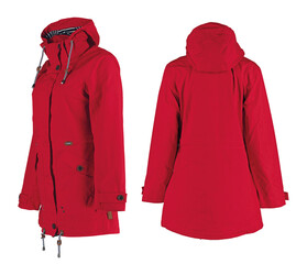 Women's red parka jacket with hood.  Isolated image on a white background. Side and back view. © Art14