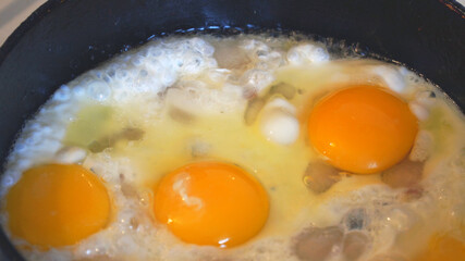 Eggs are fried in a pan. Cooking fried egg