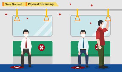 Vector illustration of business people Go to work on the train, keep physical distancing and wearing protective medical mask for prevent virus in public transportation on a New Normal day