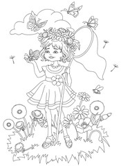Little girl catches butterflies.  Coloring book on white background for children. Cartoon vector illustration.