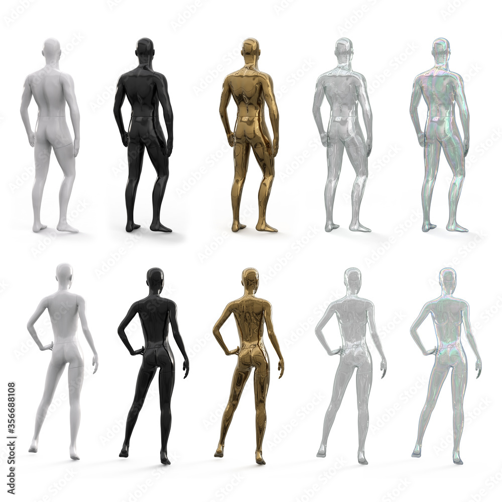 Wall mural Set of female and male mannequins in metallic gold, transparent, glass, white and black colors. Back view. 3d realistic illustration isolated on white background.