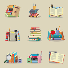 Book icon collection. Books with shadows. Reader or library. Books for school or university