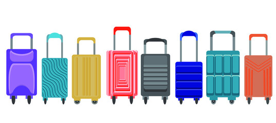Vector set of multi-colored suitcases for travel. A collection of eight  different designs of Luggage for vacation. Funny colorful travel bags for a holiday by the sea.  Illustration in flat style.