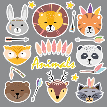Cute animal faces. Hand drawn characters. Hare, lion, tiger, panda, owl, bear, raccoon, deer. Different animal characters