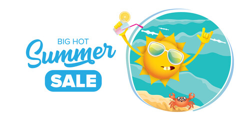 summer sale horizontal web banner or vector label with summer happy sun character holding cocktail