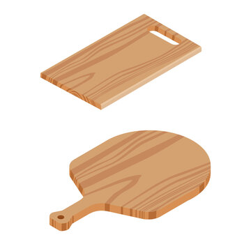 Handmade wooden cutting boards isometric view isolated on white background