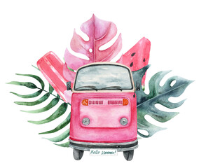 Watercolor cute summer card with bus, tropical leaves and ice cream.