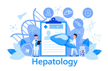 Hepatologist concept vector for medical landing page. Hepatitis A, B, C, D, cirrhosis illustration and world hepatitis day. Tiny doctors treat the liver. Hepatology specialists are working.