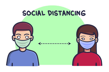 Social distancing, keep distance in public society people to protect from COVID-19, men and women keep their distance. Flat cartoon style vector illustration.