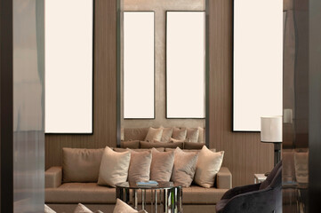 Lobby living room earth tone color, cozy luxury sofa and pillow,