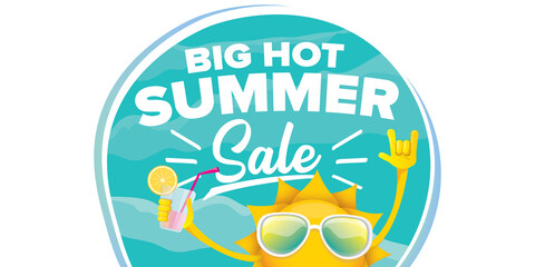 summer sale horizontal web banner or vector label with summer happy sun character holding cocktail