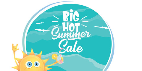 summer sale horizontal web banner or vector label with summer happy sun character holding cocktail