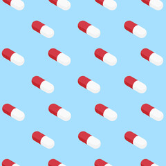 Capsule pills seamless pattern on blue background