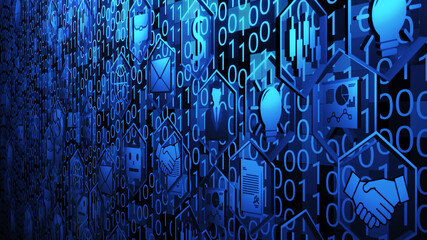8K 3D Business and Technology Icons Spin in Hexagon Border and Hovering on The Random Binary Code Background with Blue Lighting ver. 3