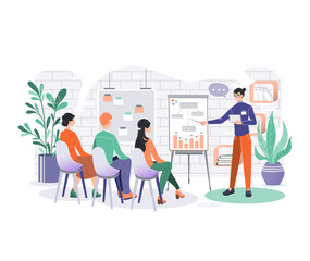 Office business characters vector illustration. Cartoon flat smiling business people having board meeting in office room, businessman giving startup presentation, analyzing data isolated on white