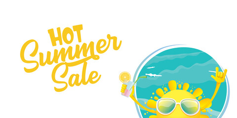 summer sale horizontal web banner or vector label with summer happy sun character holding cocktail
