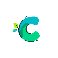Fototapeta premium C letter logo with green leaf handwritten with a felt-tip pen.