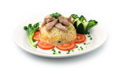 Fried Rice with Pork decorate with carved Cucumber