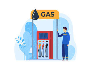 People work in gas station vector illustration. Cartoon flat worker character working for filling up fuel into car, man in workwear standing next pumps for automobile refueling icon isolated on white
