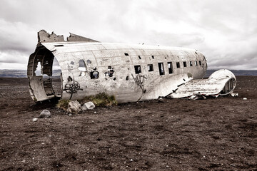 Fototapeta na wymiar World War II plane wrecked on a deserted Icelandic beach.