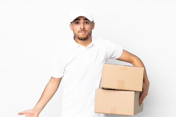 Delivery Arabian man isolated on blue background having doubts and with confuse face expression