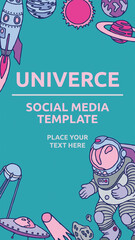 Social media template with galaxy cosmic elements astronaut, earth, satellite, comet, planet, sun, rocket and meteorite univerce vector cartoon illustration space cosmos
