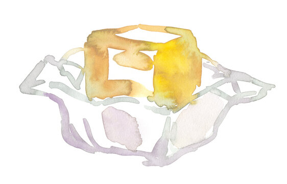 Block of farmer butter in paper wrap. Illustration painted in watercolor on clean white background