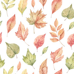 Obraz premium Hand drawn watercolor seamless pattern of fall orange, red and green leaves. Forest background. Hello Autumn! Perfect for seasonal advertisement, invitations, cards, fabric, wrapping paper, textile