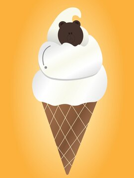 Brown ice cream cone Cute cartoon isolated on a yellow background
