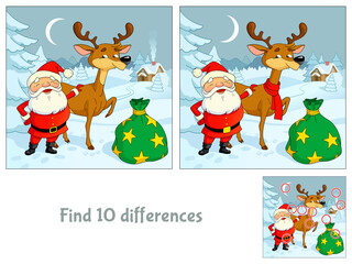Santa Claus and his reindeer. Christmas. Find 10 differences. Educational game for children. Cartoon vector illustration.