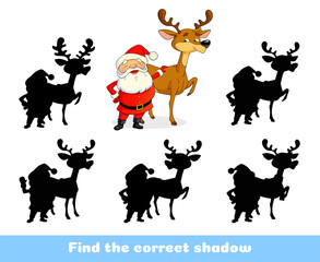 Santa Claus and his reindeer.  Find the correct shadow. Educational game for children. Cartoon vector illustration.