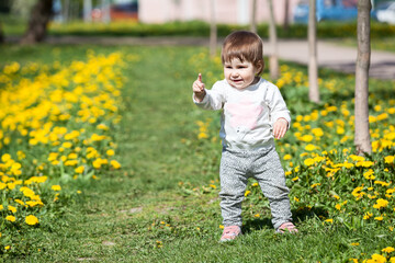 Little toddler pointing with forefinger while standing on grass in summer park