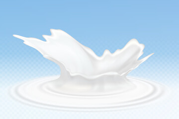 Fototapeta na wymiar Vector realistic milk or yogurt splashes, flowing cream, abstract white blots, milk isolated on blue background. Design of natural, organic dairy products. Eps 10