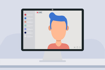 Young male blogger with blue hair in live streaming online event, Video conference remote working. Vlogger concept. Vector flat people illustration.