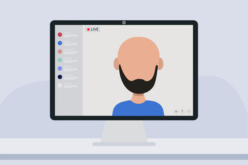 Bald young male blogger in live streaming online event, Video conference remote working. Vlogger concept. Vector flat people illustration.