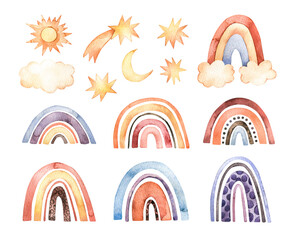 Watercolor modern illustration. Colorful rainbow and golden stars, moon and sun. Abstract image of color and polka dot arcs. Perfect for for logo, kids print, poster, nursery decoration, textile