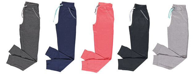 Folded colored jogging pants. Set. Isolated image on a white background. 