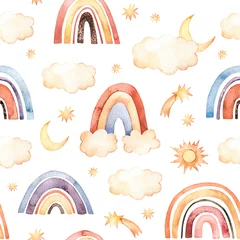Wallpaper murals Rainbow Watercolor baby seamless pattern. Colorful rainbow and golden stars, moon and sun. Abstract background of color arcs and starry sky. Perfect for for kids print, poster, nursery decoration, textile
