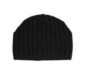 knitted wool cap isolated on white background. black hat .