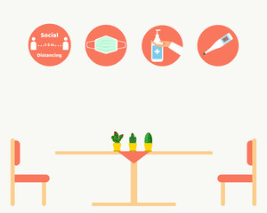 NEW NORMAL AFTER COVID CONCEPT: There is a table and chairs in restaurant with four signs, wear face mask, clean your hands, check temperature, keep distancing. For protect corona virus.