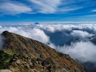 富士山,南アルプス, 北岳, 雲海, 空, 風景, 自然, 青, 雲, 旅行, 景色, 稜線, 全景