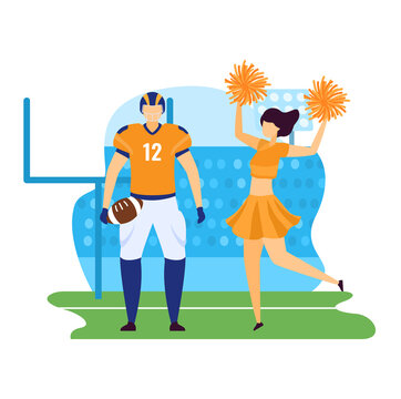Sportsman vector illustration. Cartoon flat professional man player character standing on field for american football with dancing cheerleader girl. Active lifestyle sports activity isolated on white