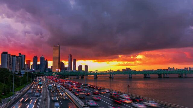 Time Lapse Traffic at Sunset of Seoul City South Korea