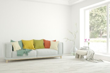 White living room with sofa. Scandinavian interior design. 3D illustration