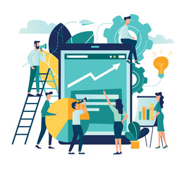 vector illustration people are building a business on the internet. laptop screen with a website. teamwork,promotion of business online, the takeoff rating of the work, ideas