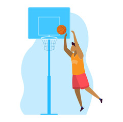 Sportsman vector illustration. Cartoon flat professional man player character jumping, scoring goal during game on basketball court arena. Sport activity, active healthy lifestyle isolated on white