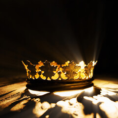 The crown on a black background is illuminated by a golden beam. One to one. Crown in the center on...