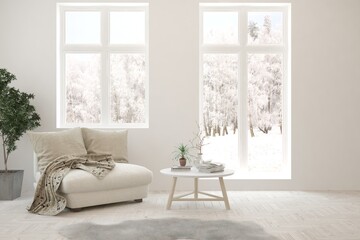 White living room with armchair. Scandinavian interior design. 3D illustration