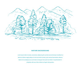 Nature tourism template with mountains, forest, river and space for your text. Sketch design in blue color