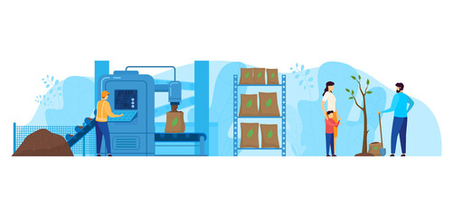 Waste processing factory vector illustration. Cartoon flat worker characters working on packaging station equipment, technology of recycling garbage to compost for planting trees isolated on white